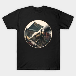 Steam train and mountain landscape vintage style locomotive design T-Shirt